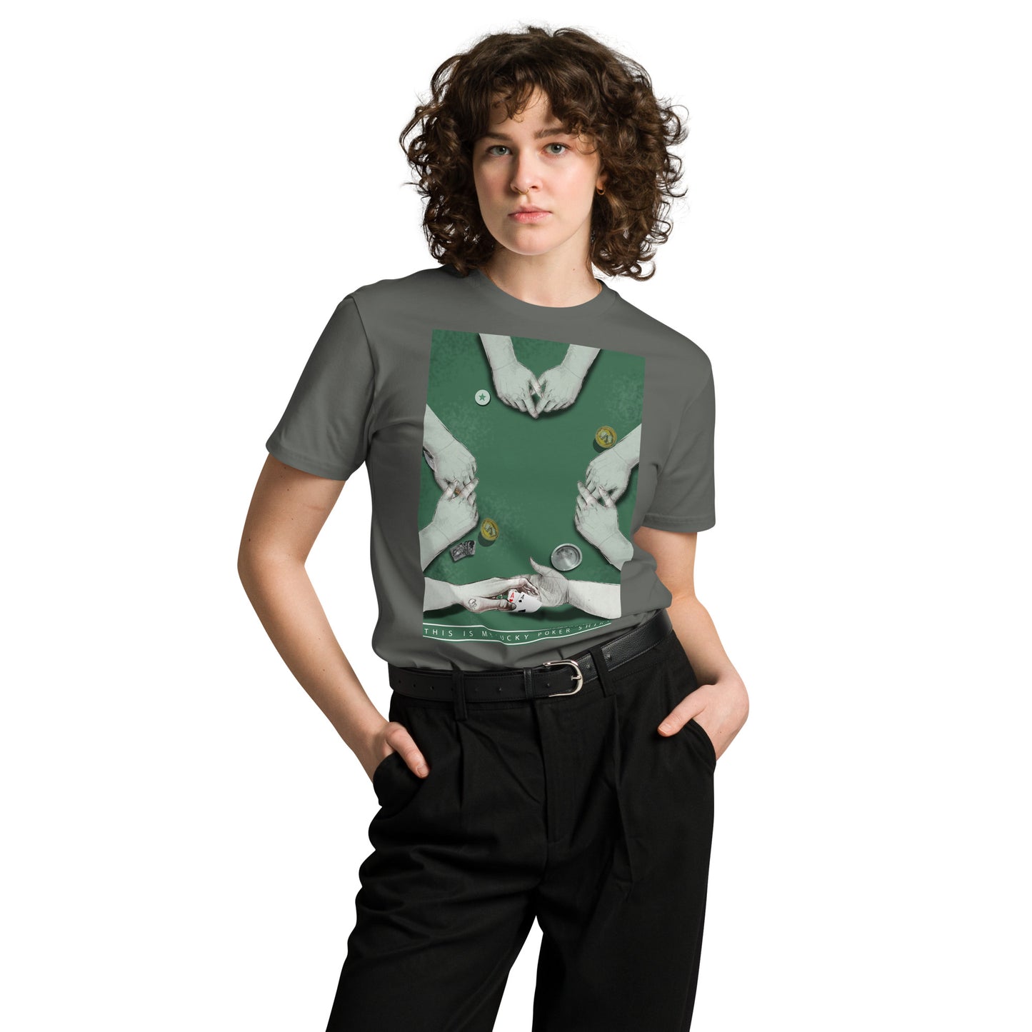 Ronas Design Lucky Poker T-Shirt Front View on Women Model in Charcoal