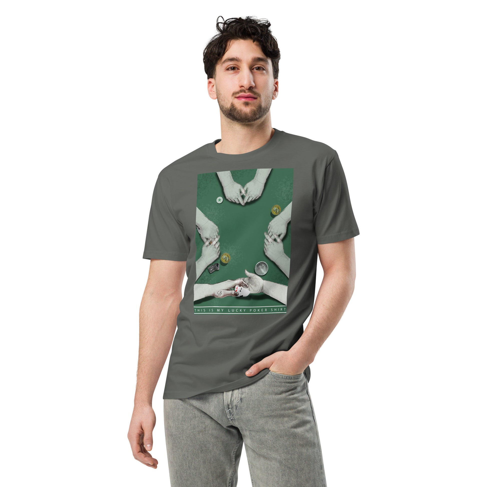 Ronas Design Lucky Poker T-Shirt Front View on Men Model in Charcoal