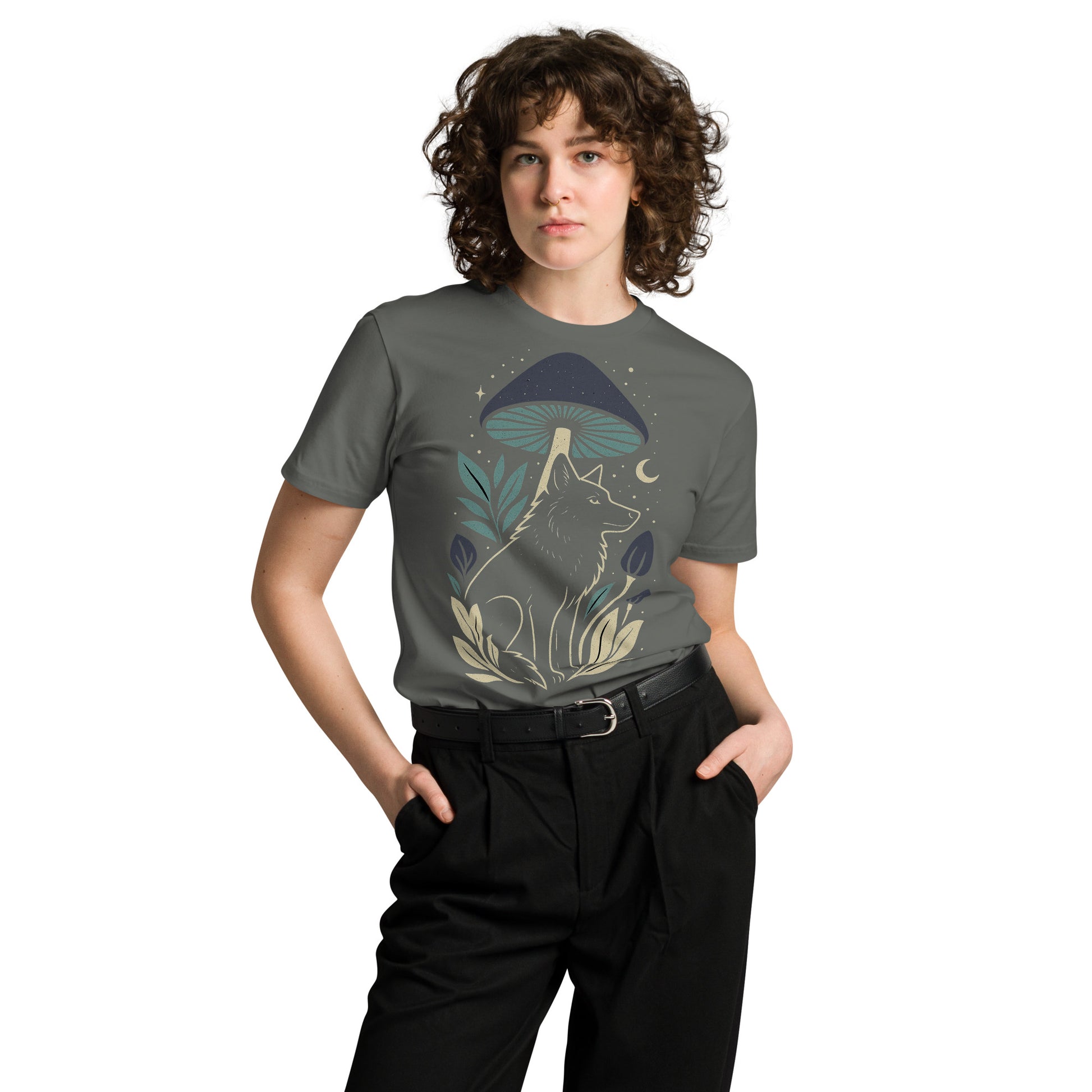 Ronas Design Mystic Wolf T-Shirt Front View on Women Model in Charcoal