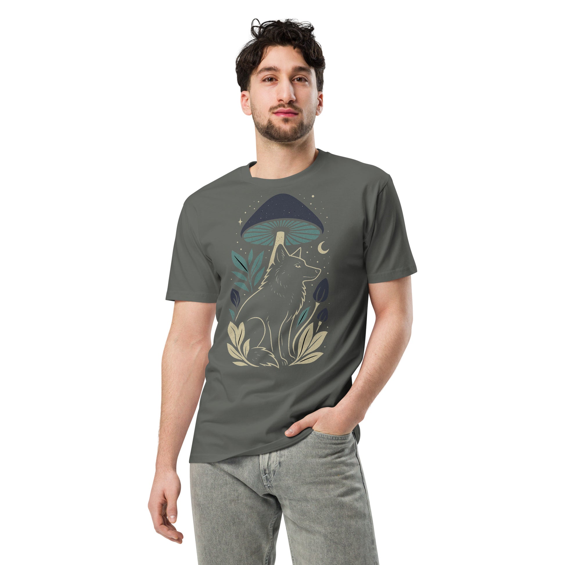 Ronas Design Mystic Wolf T-Shirt Front View on Men Model in Charcoal