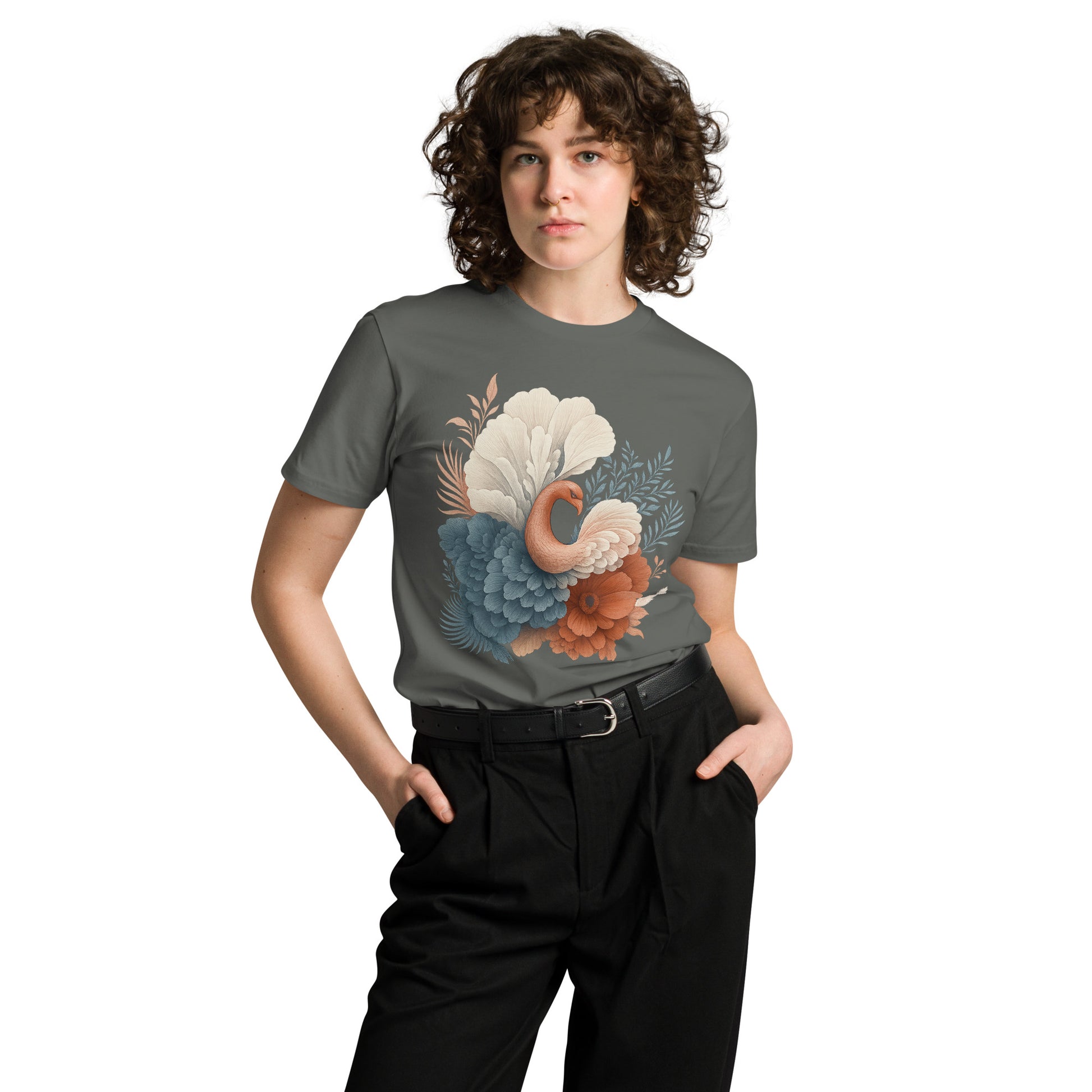 Ronas Design Floral Grace T-Shirt Front View on Women Model in Charcoal