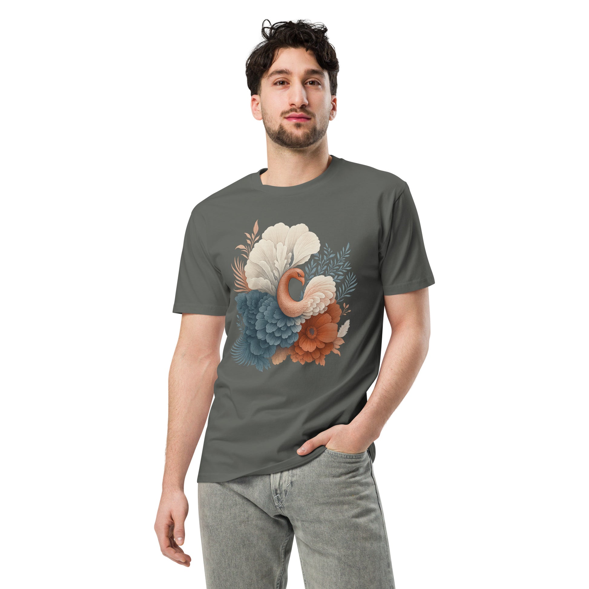Ronas Design Floral Grace T-Shirt Front View on Men Model in Charcoal