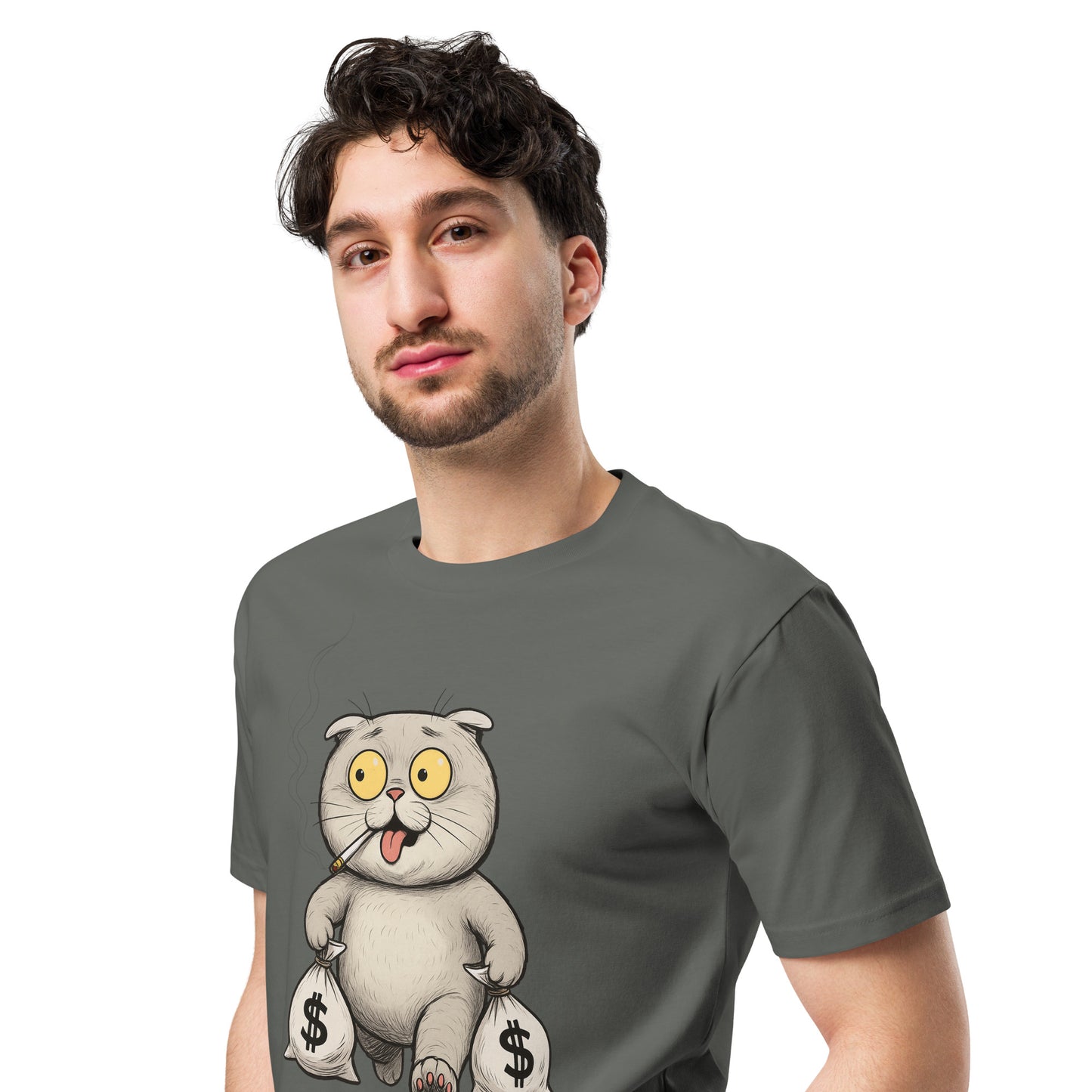 Ronas Design Money Cat T-Shirt Front View on Men Model in Charcoal