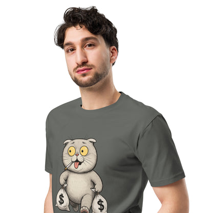 Ronas Design Money Cat T-Shirt Front View on Men Model in Charcoal