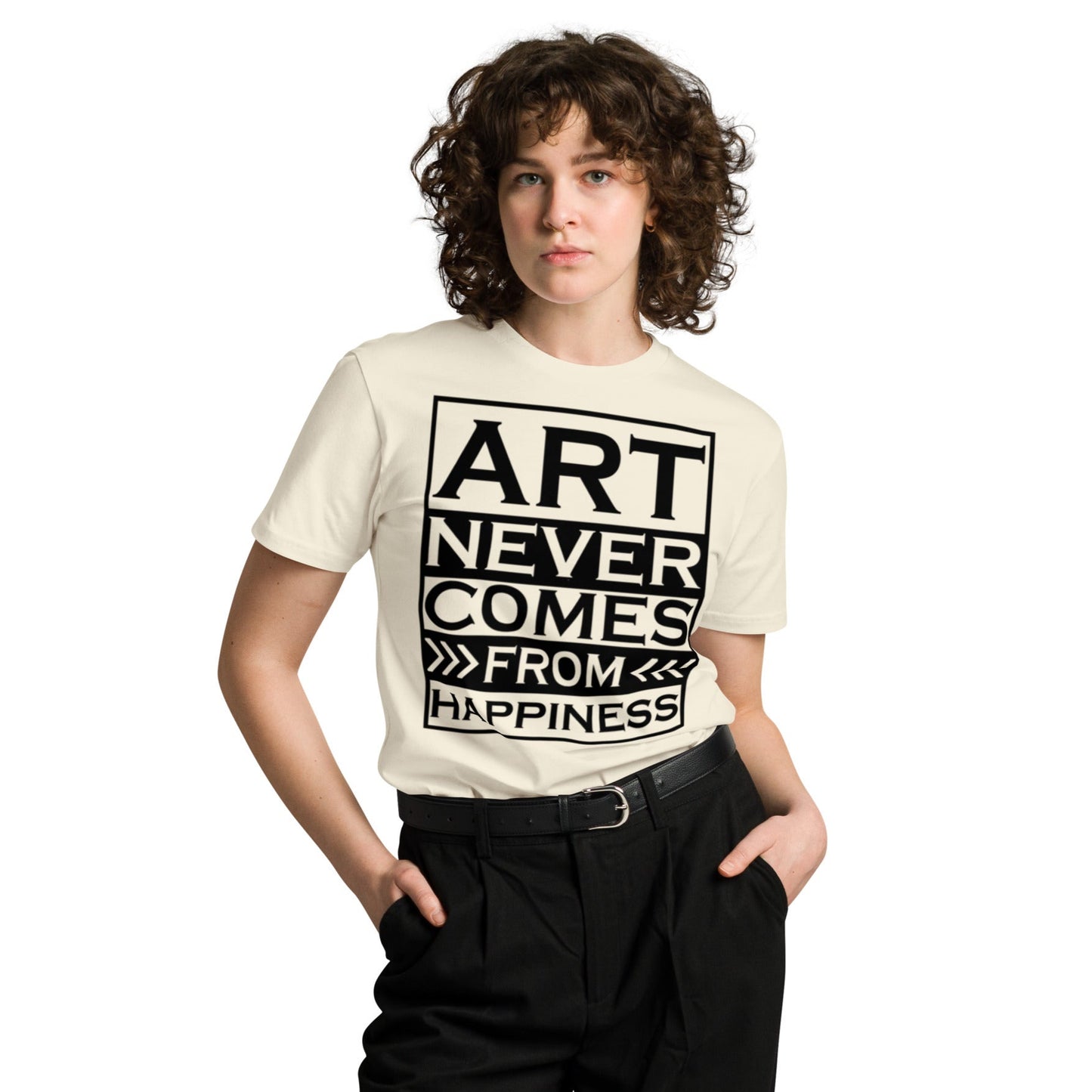 Ronas Design Creative Grit T-Shirt Front View on Women Model in Natural