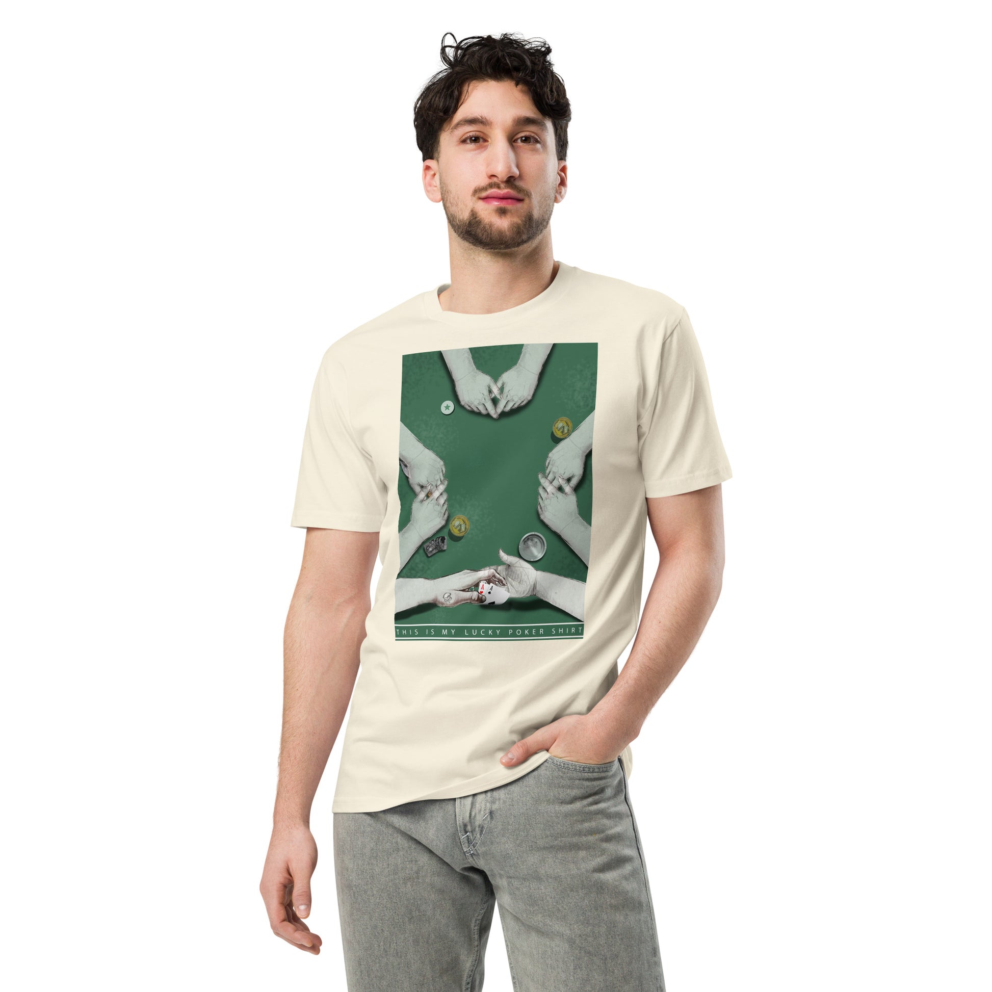 Ronas Design Lucky Poker T-Shirt Front View on Men Model in Natural