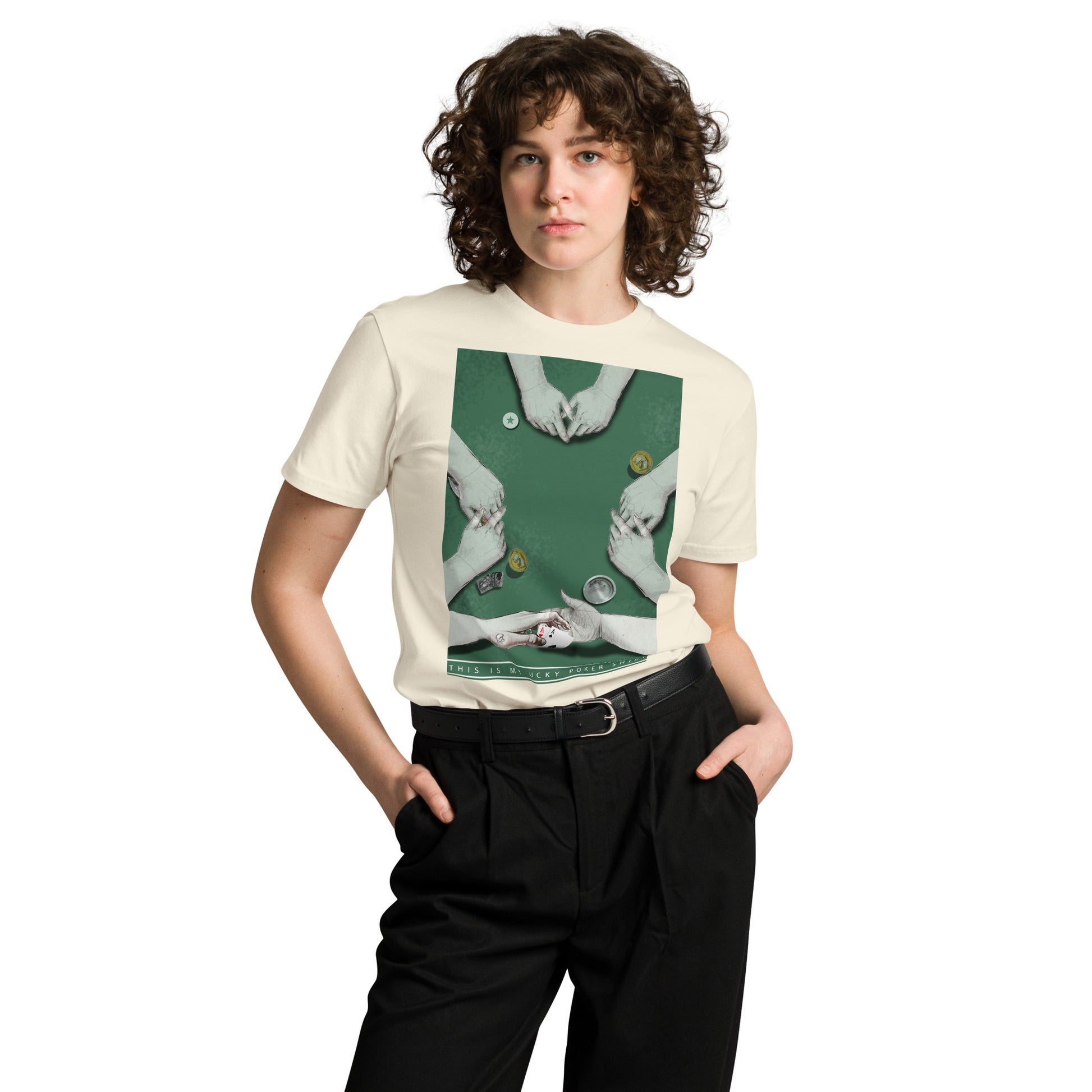 Ronas Design Lucky Poker T-Shirt Front View on Women Model in Natural