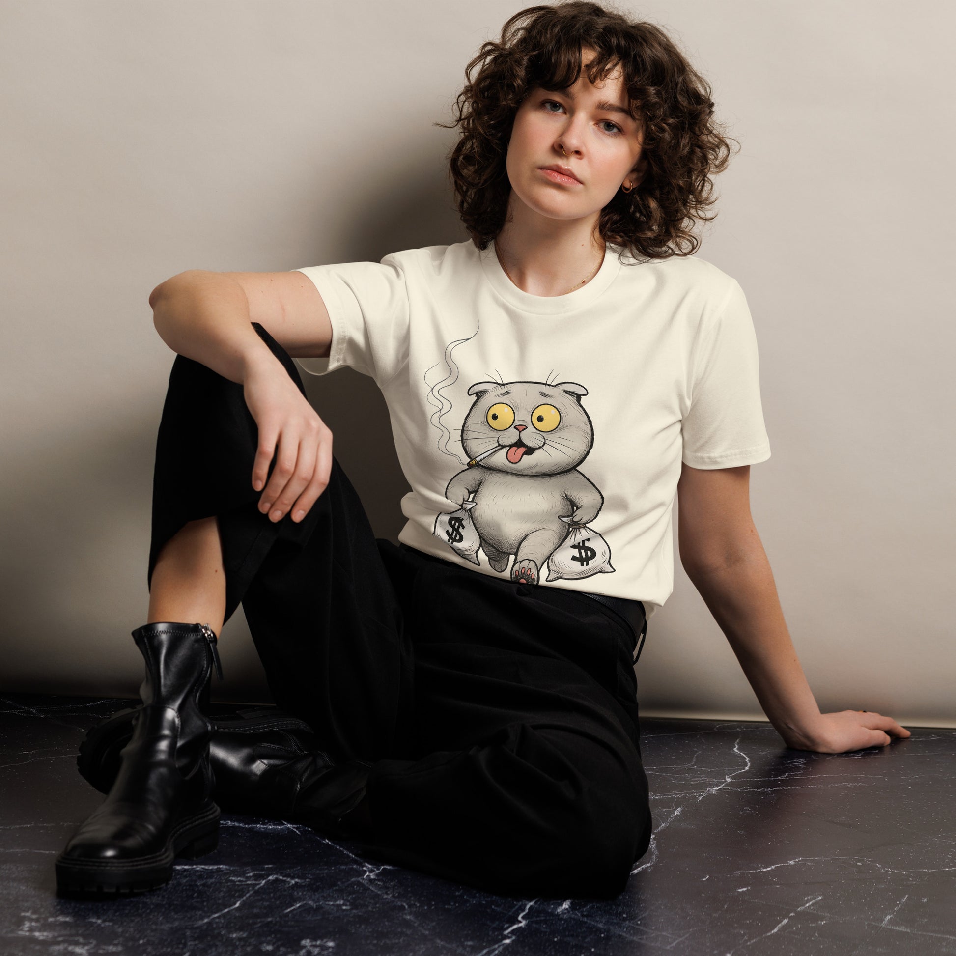 Ronas Design Money Cat T-Shirt Front View on Women Model in Natural
