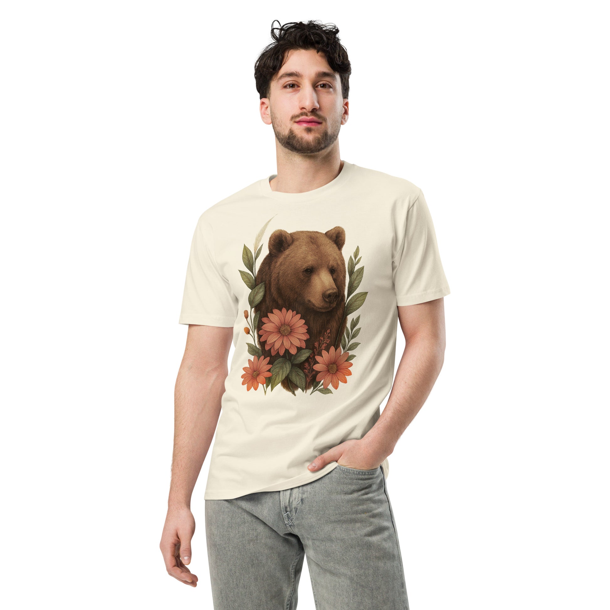 Ronas Design Floral Bear T-Shirt Front View on Men Model in Natural