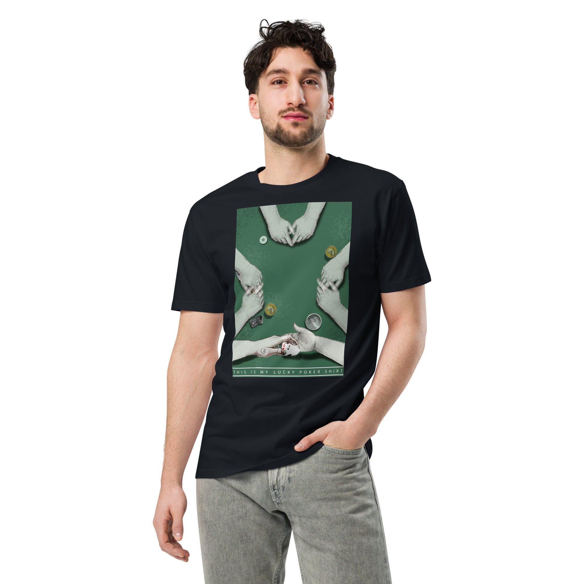 Ronas Design Lucky Poker T-Shirt Front View on Men Model in  Navy