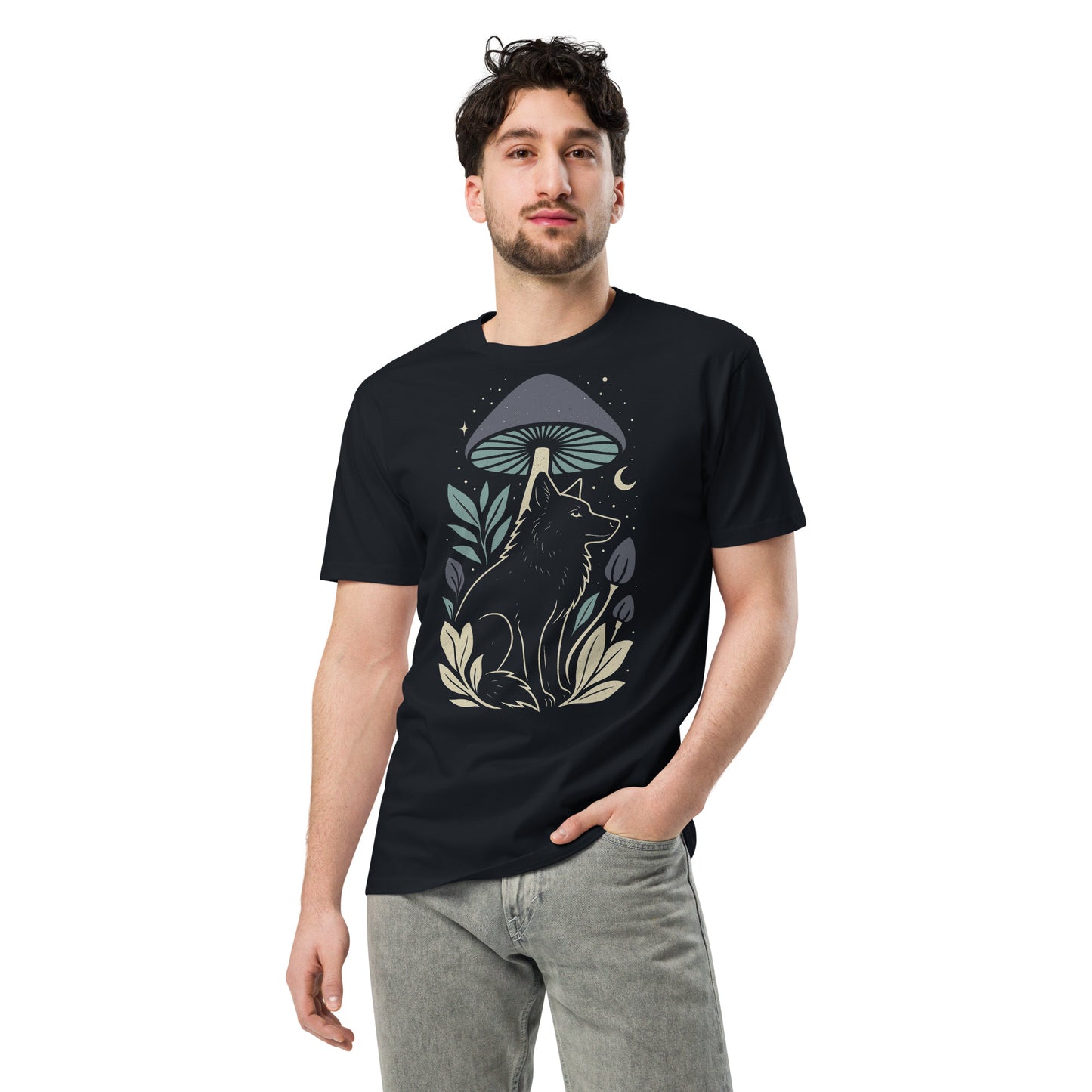 Ronas Design Mystic Wolf T-Shirt Front View on Men Model in Navy