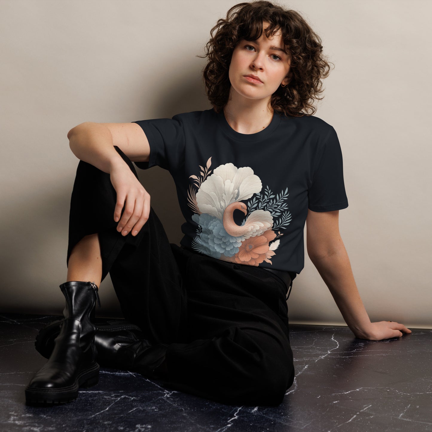 Ronas Design Floral Grace T-Shirt Front View on Women Model in Navy