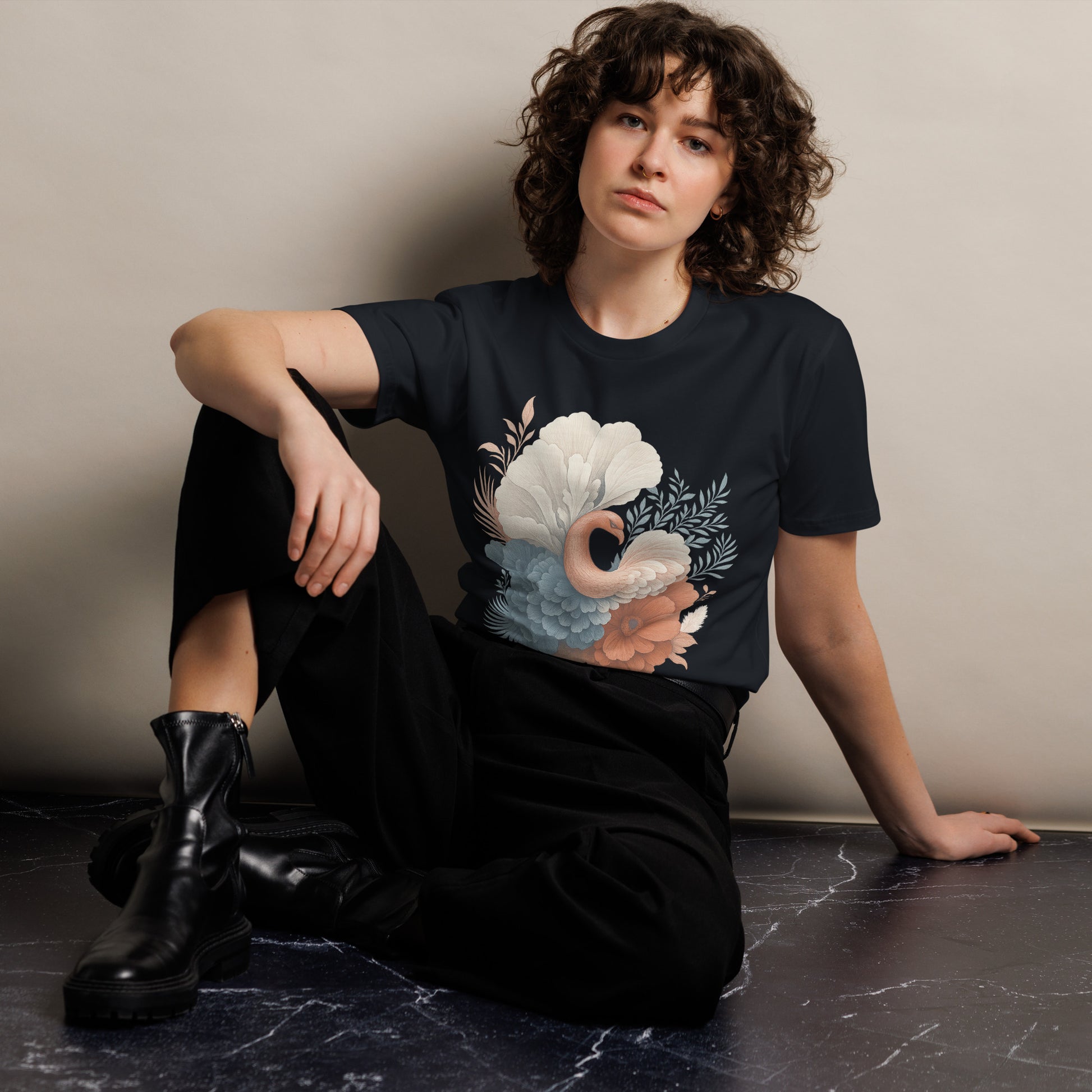Ronas Design Floral Grace T-Shirt Front View on Women Model in Navy