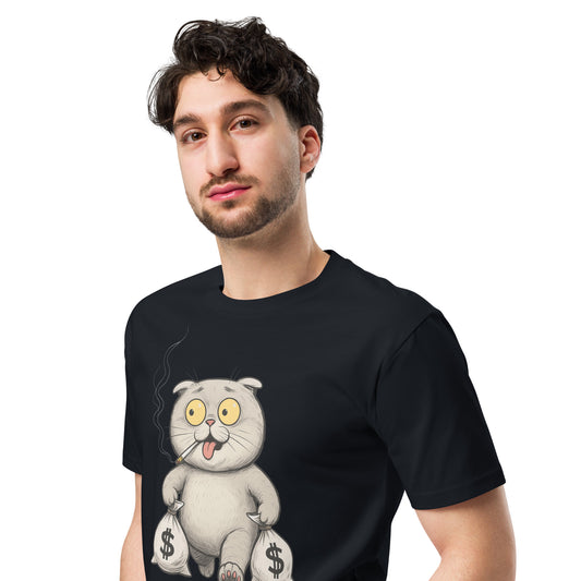 Ronas Design Money Cat T-Shirt Front View on Men Model in Navy