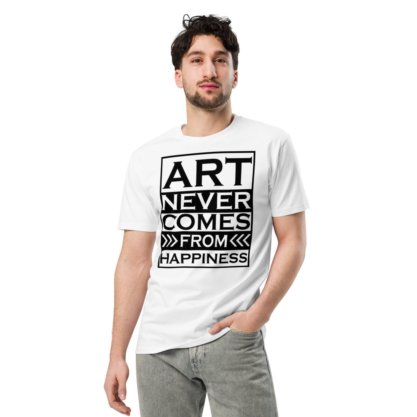 Ronas Design Creative Grit T-Shirt Front View on Men Model in White