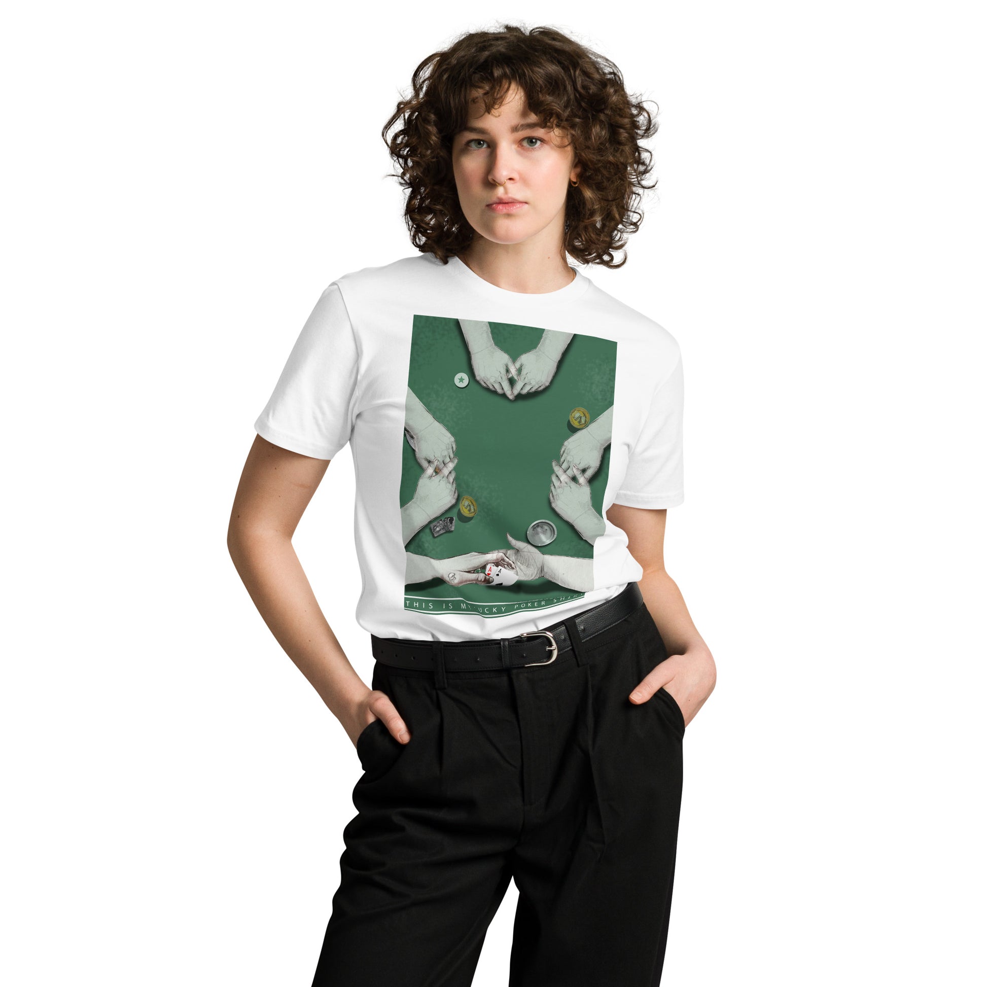 Ronas Design Lucky Poker T-Shirt Front View on Women Model in White