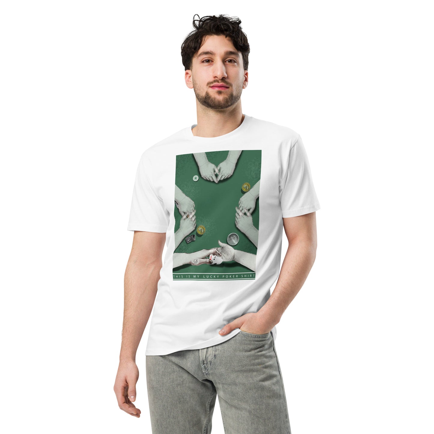 Ronas Design Lucky Poker T-Shirt Front View on Men Model in White