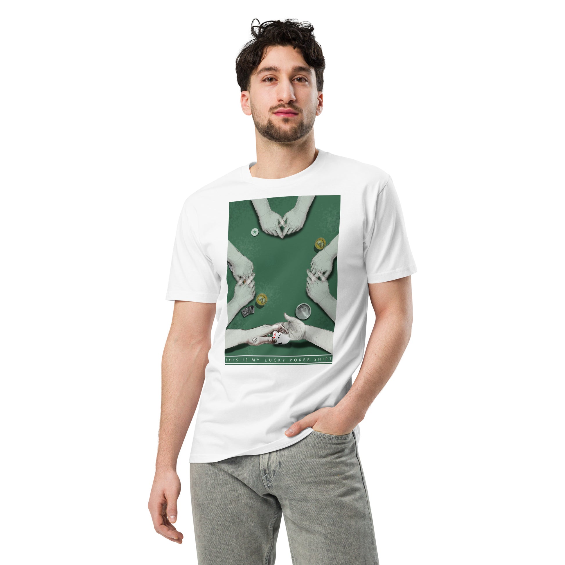 Ronas Design Lucky Poker T-Shirt Front View on Men Model in White
