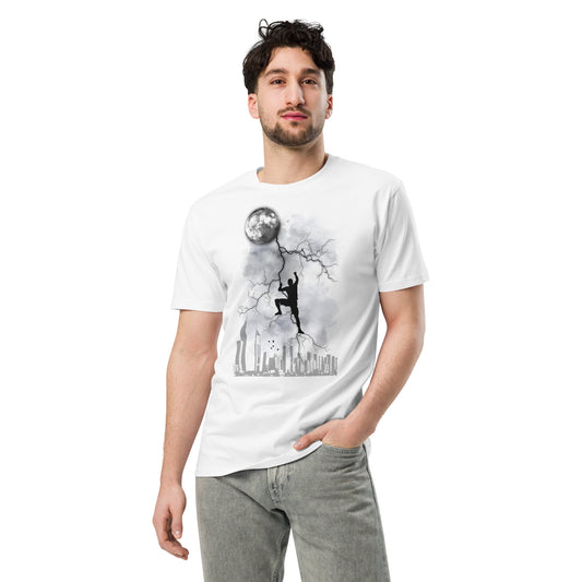 Ronas Design Moon Climber T-Shirt Front View on Men Model in White