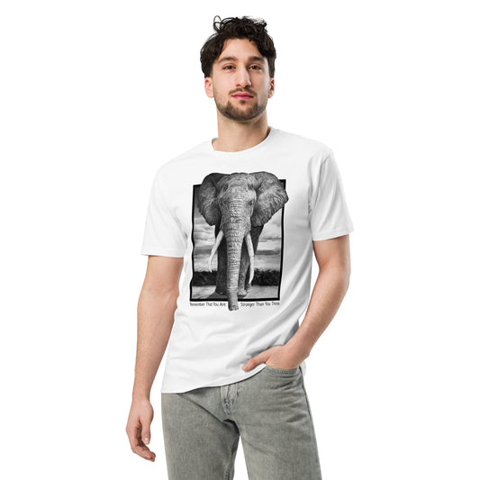 Ronas Design Stronger Than You Think T-Shirt Front View on Men Model in White