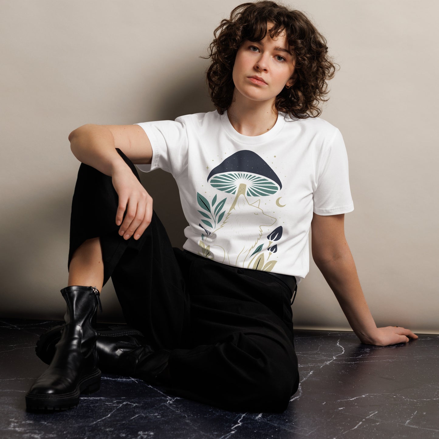 Ronas Design Mystic Wolf T-Shirt Front View on Women Model in White