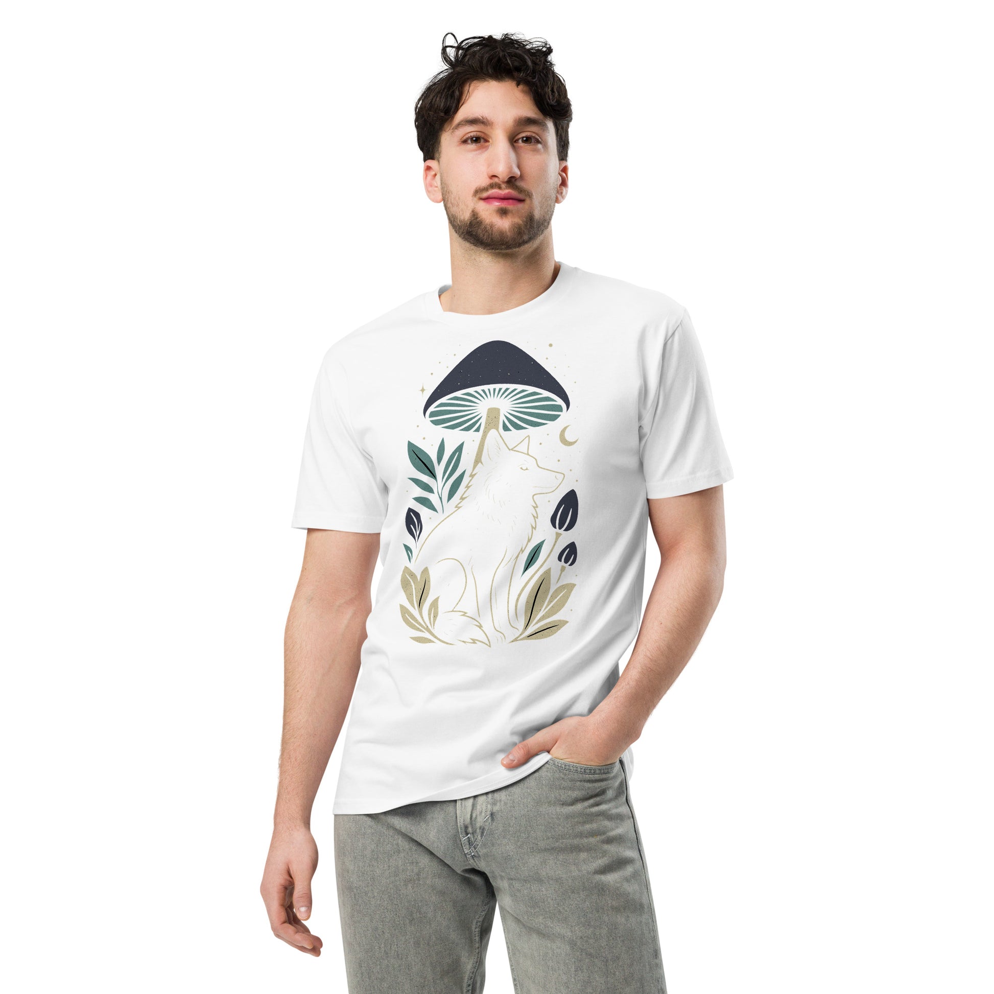 Ronas Design Mystic Wolf T-Shirt Front View on Men Model in White