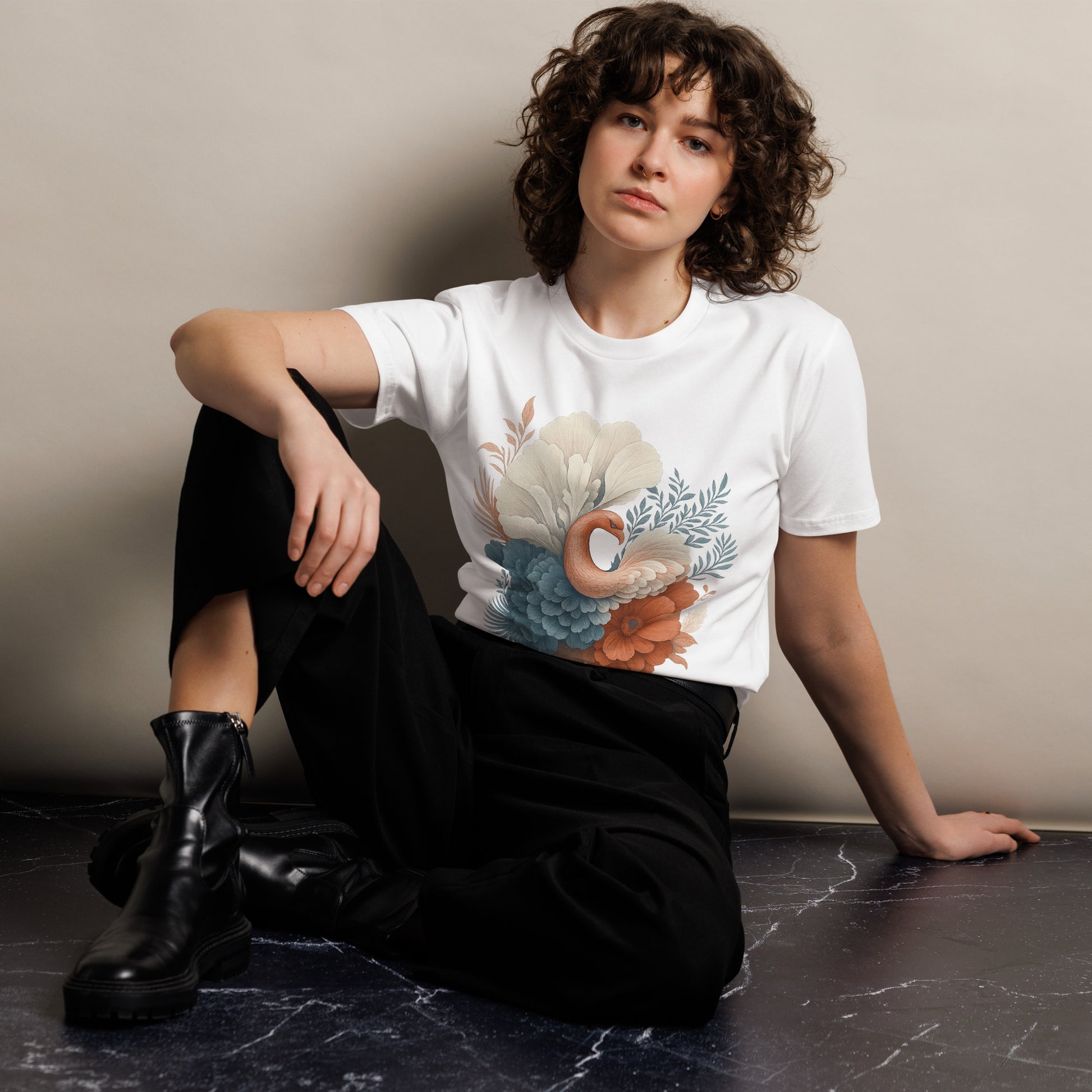 Ronas Design Floral Grace T-Shirt Front View on Women Model in White