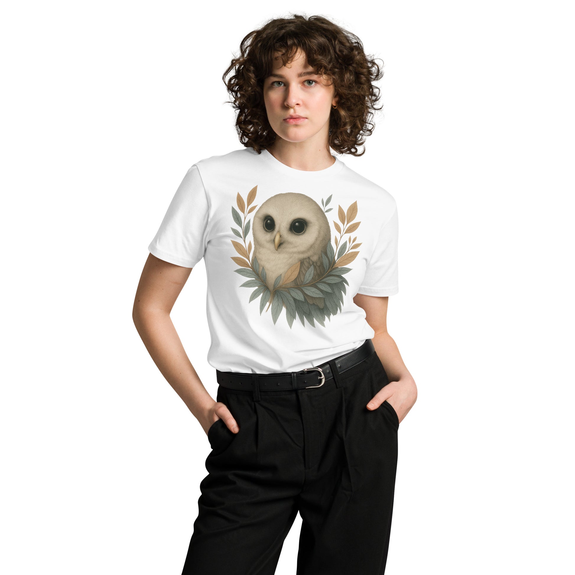 Ronas Design Wise Owl T-Shirt Front View on Women Model in White