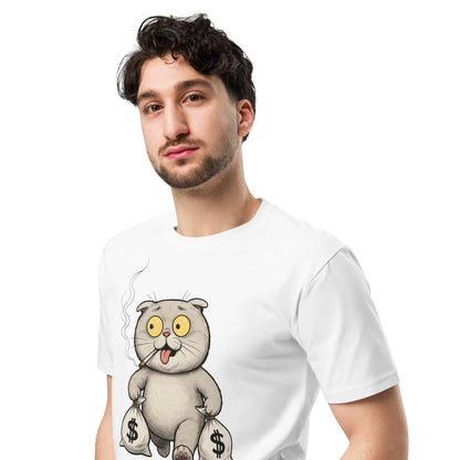 Ronas Design Money Cat T-Shirt Front View on Men Model in White