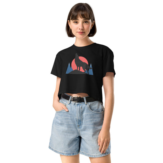 Ronas Design Sunset Wolf Howl Crop Top Front View on Women Model in Black