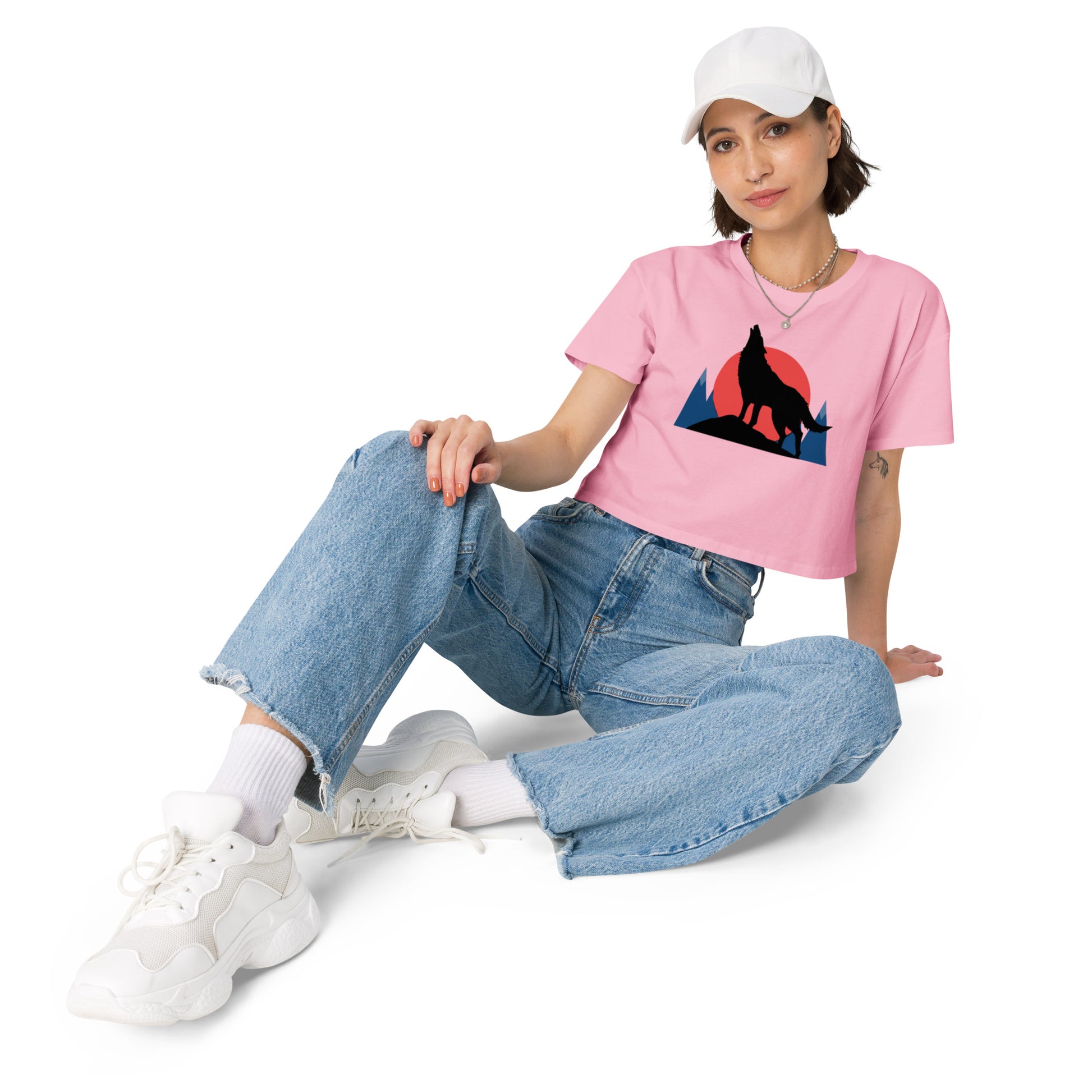 Ronas Design Sunset Wolf Howl Crop Top ArtView on Women Model in Bubblegum