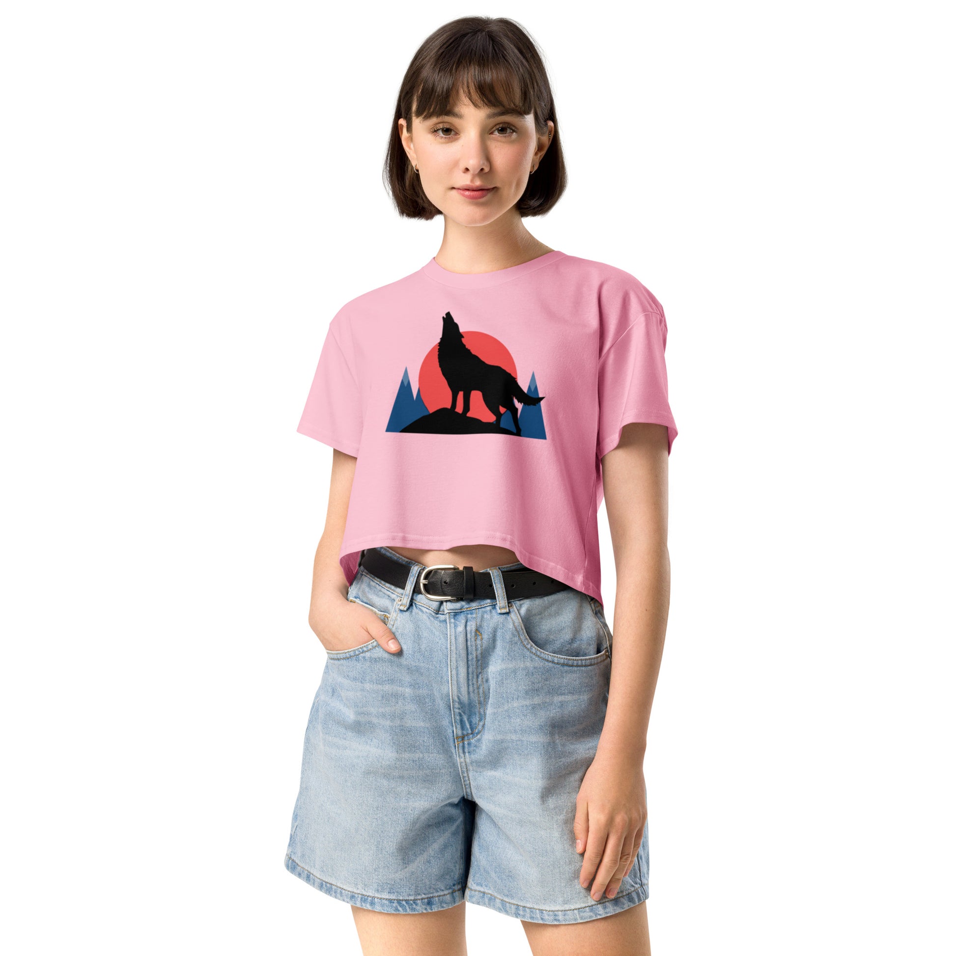Ronas Design Sunset Wolf Howl Crop Top Front View on Women Model in Bubblegum