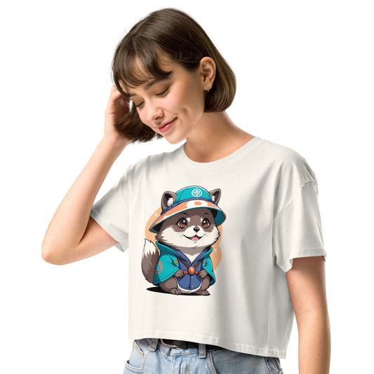 Ronas Design Magic Raccoon Crop Top Front View on Women Model in Ecru