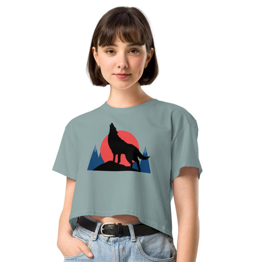 Ronas Design Sunset Wolf Howl Crop Top Front View on Women Model in Mineral