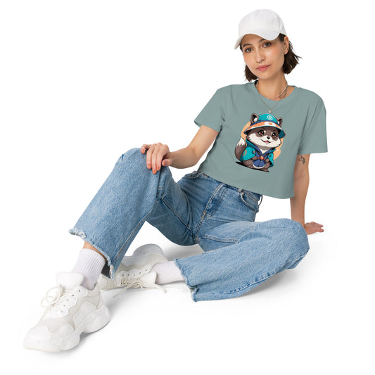 Ronas Design Magic Raccoon Crop Top Art View on Women Model in Mineral