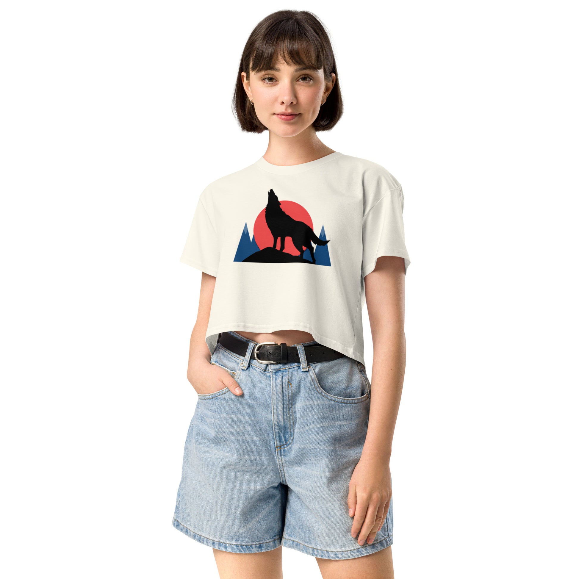 Ronas Design Sunset Wolf Howl Crop Top Front View on Women Model in Natural