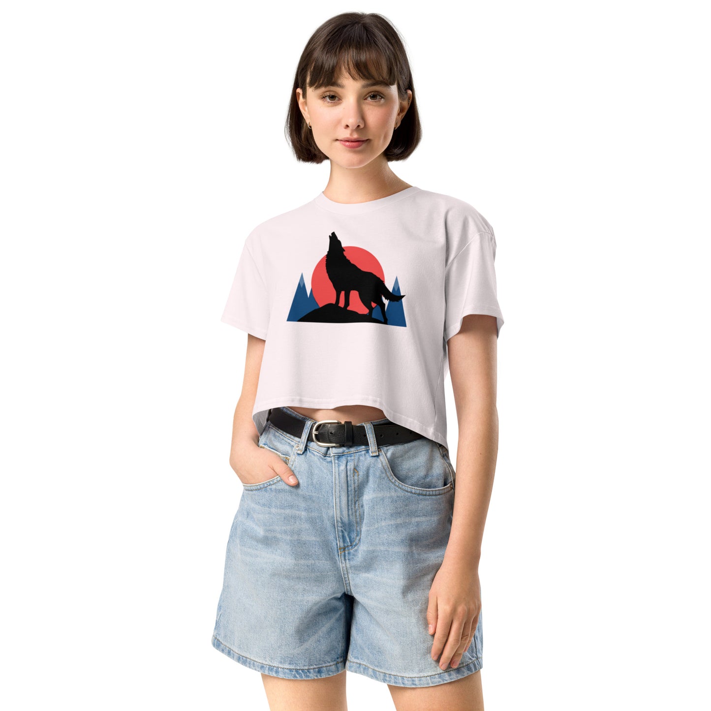 Ronas Design Sunset Wolf Howl Crop Top Front View on Women Model in Orchid