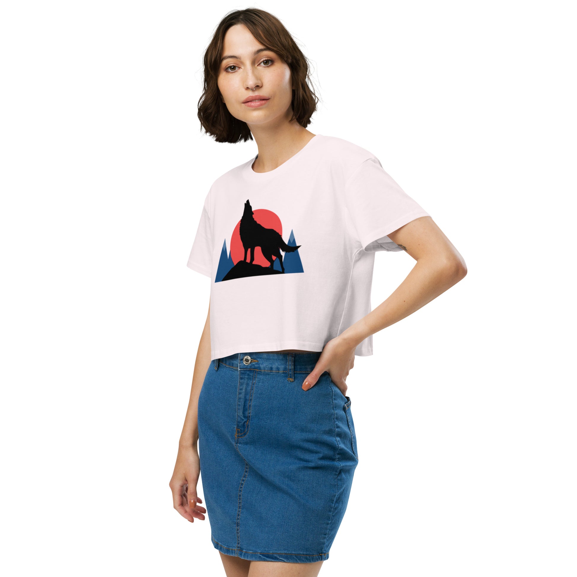 Ronas Design Sunset Wolf Howl Crop Top Side View on Women Model in Orchid