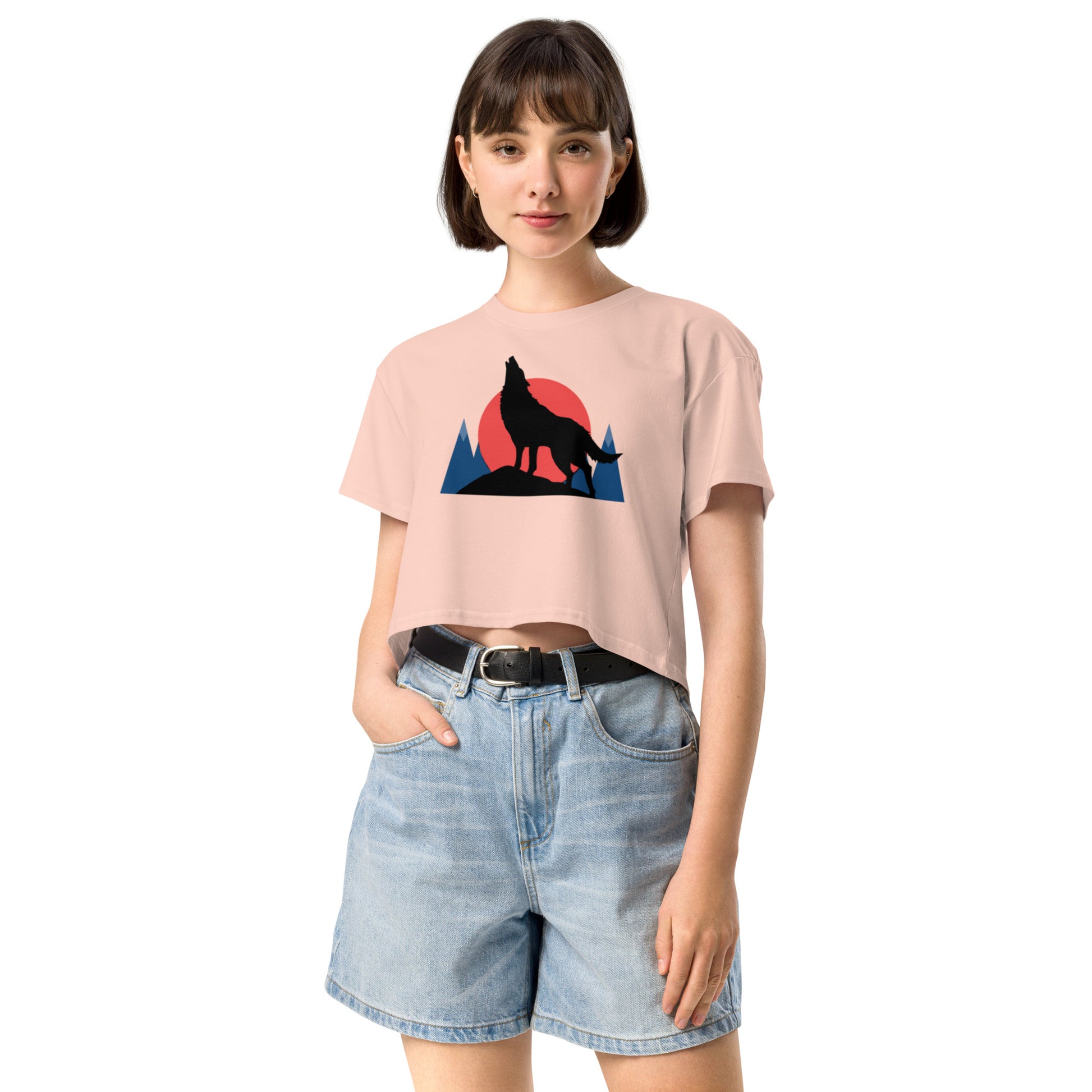 Ronas Design Sunset Wolf Howl Crop Top Front View on Women Model in Pale Pink