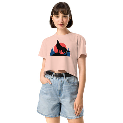 Ronas Design Sunset Wolf Howl Crop Top Front View on Women Model in Pale Pink
