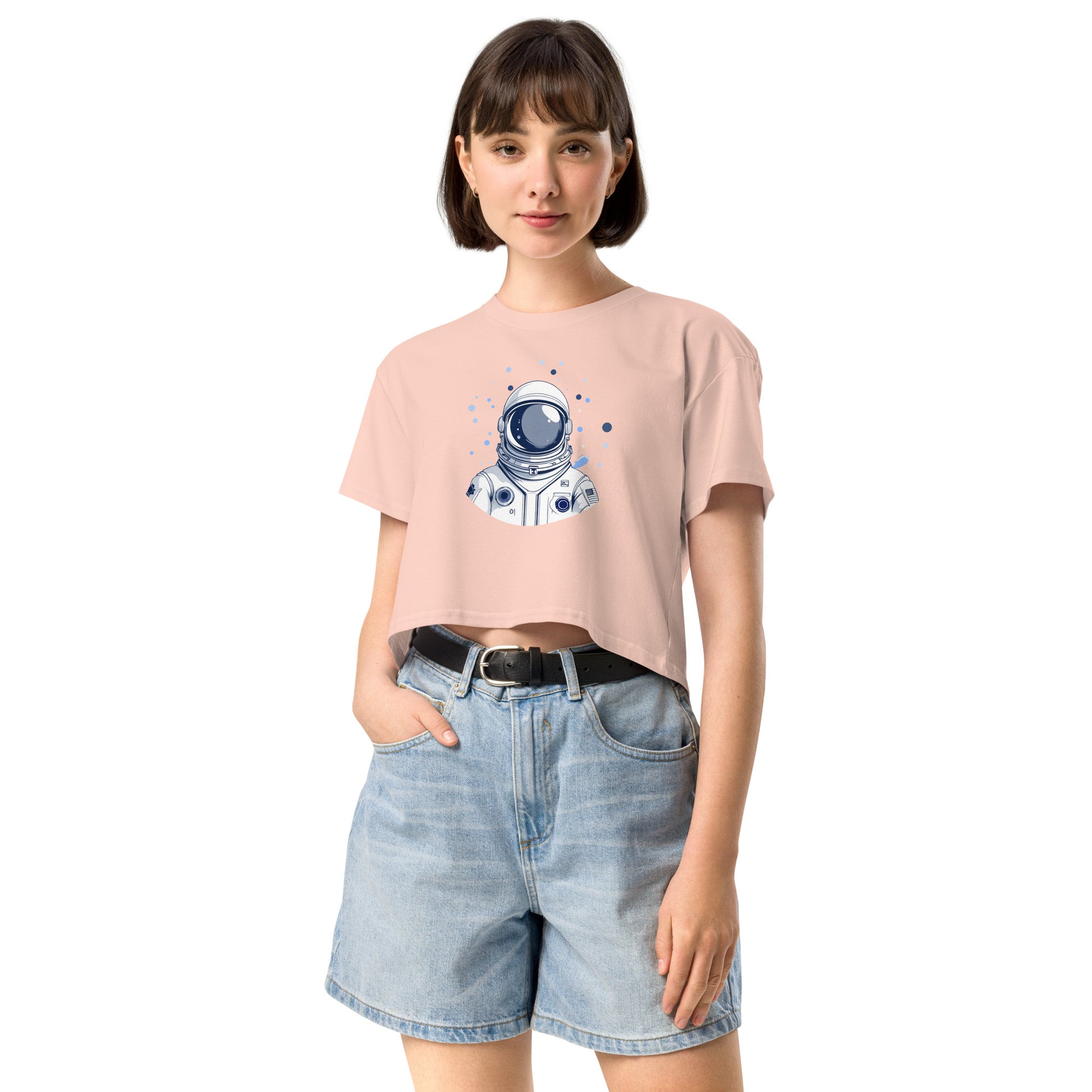 Ronas Design Space Drip Crop Top Front View on Women Model in Pale Pink