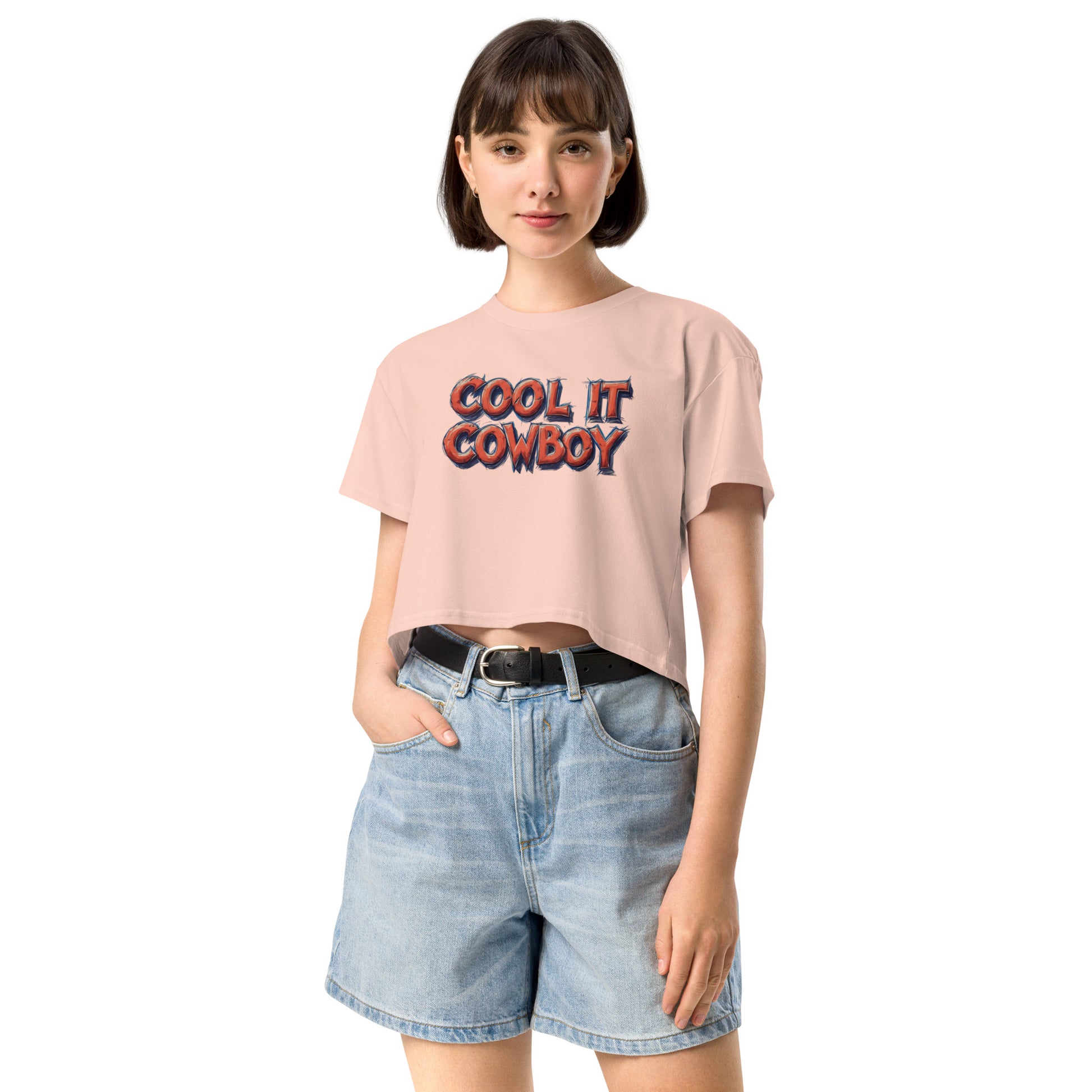 Ronas Design Cool It Cow Boy Crop Top Front View on Women Model in Pale Pink