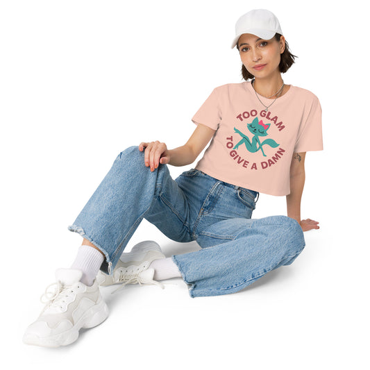 Ronas Design Glam Cat Crop Top Art View on Women Model in Pale Pink