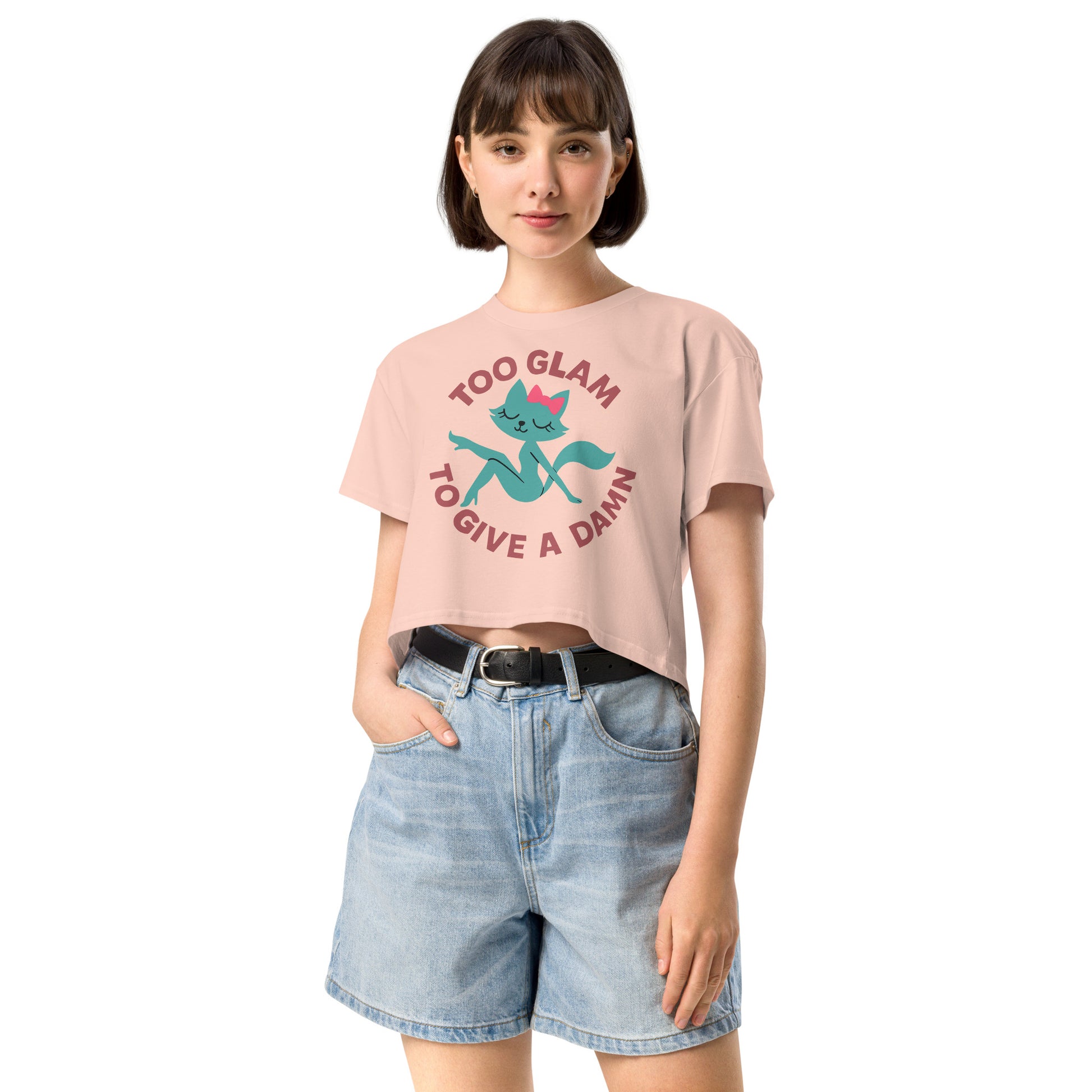 Ronas Design Glam Cat Crop Top Front View on Women Model in Pale Pink