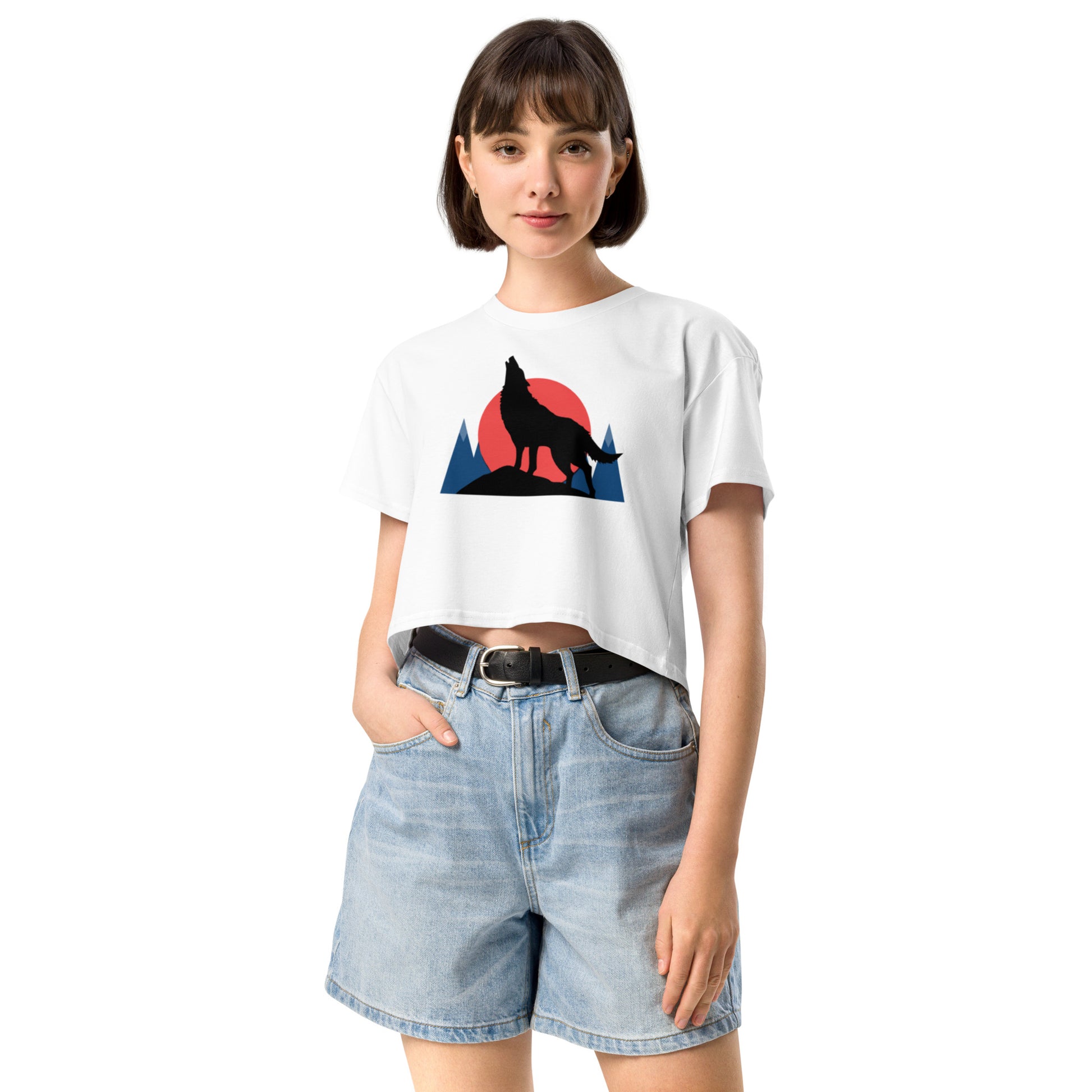 Ronas Design Sunset Wolf Howl Crop Top Front View on Women Model in White