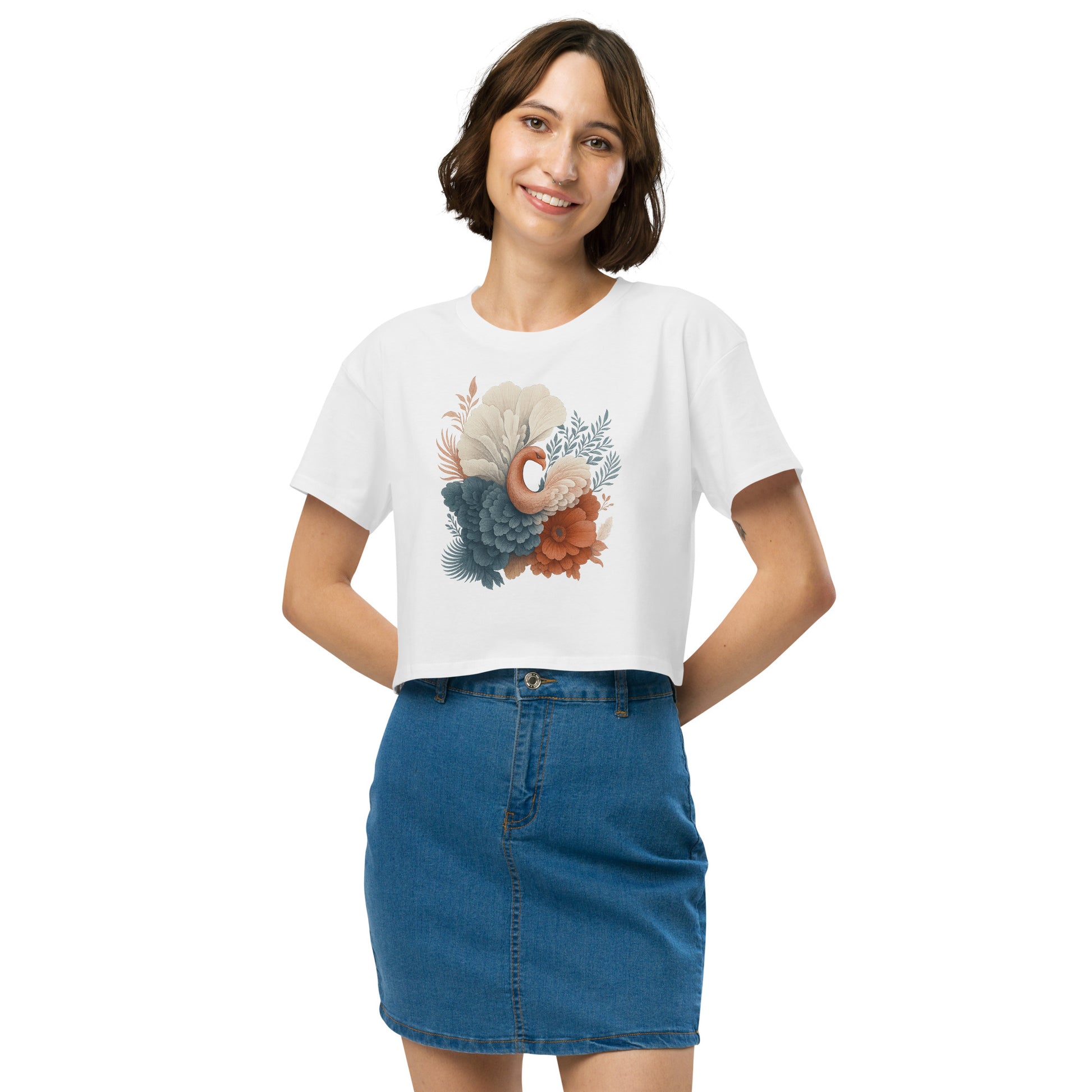 Ronas Design Floral Grace Crop Top Front View on Women Model in White