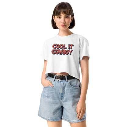 Ronas Design Cool It Cow Boy Crop Top Front View on Women Model in White